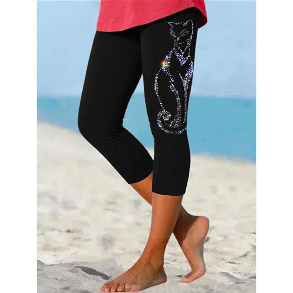 Elegant Cat Glitter Art Cropped Leggings