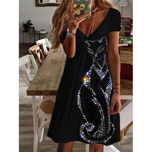 Elegant Cat Glitter Art V Neck Midi Dress