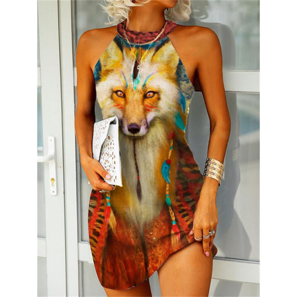Ethnic Indian Fox Art Slim Fit Mini Dress