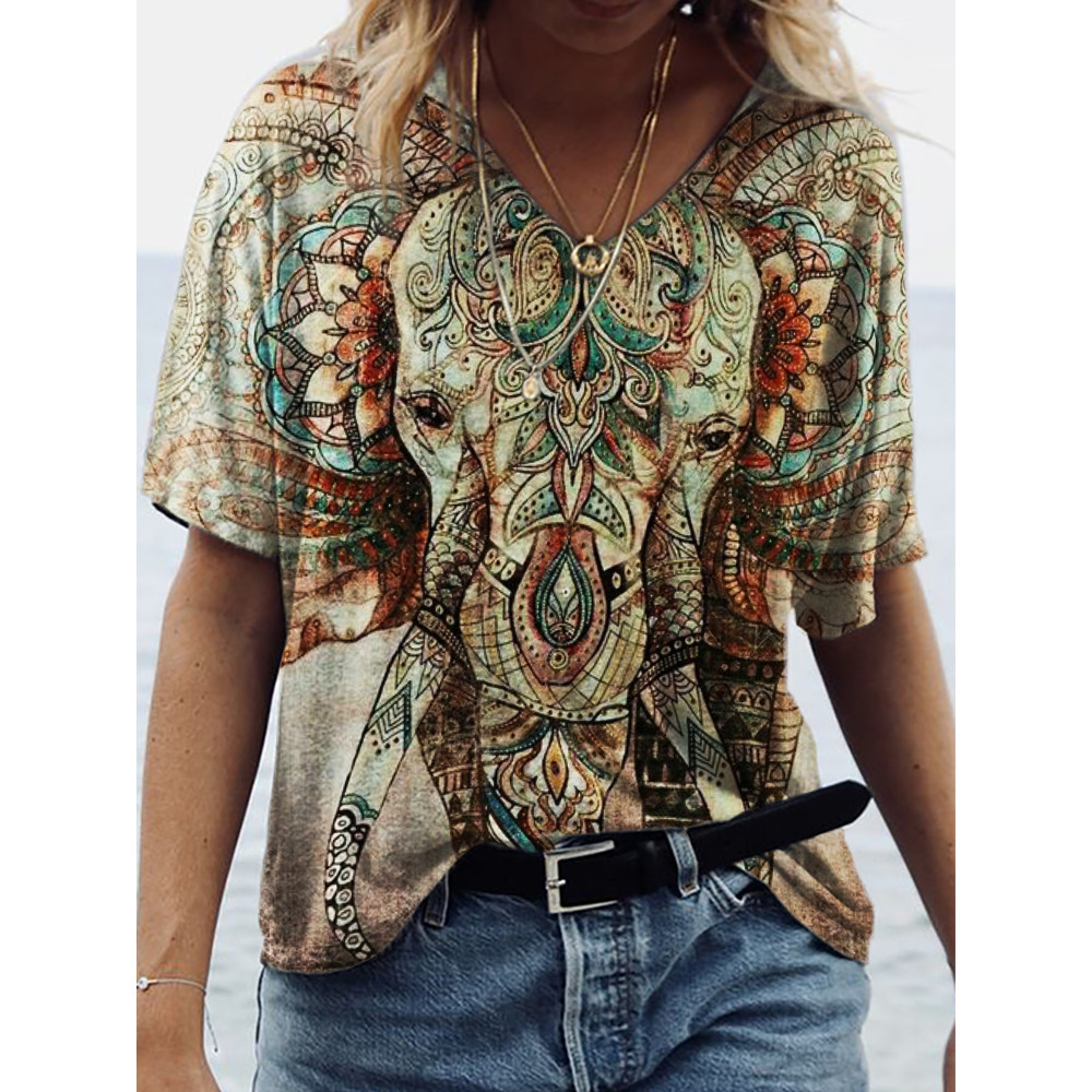 Ethnic Mandala Elephant Art V Neck T Shirt