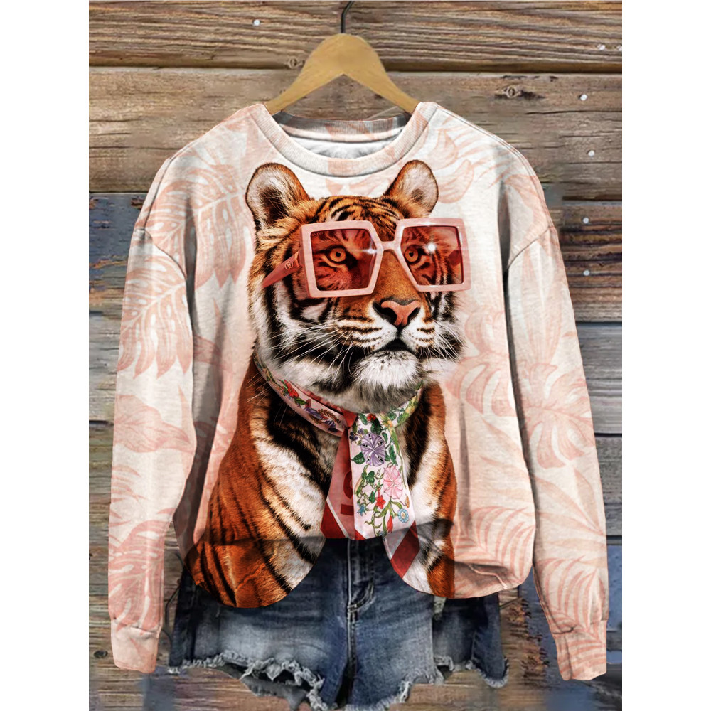 Fashion Tiger Art Crew Neck Washed Sweatshirt