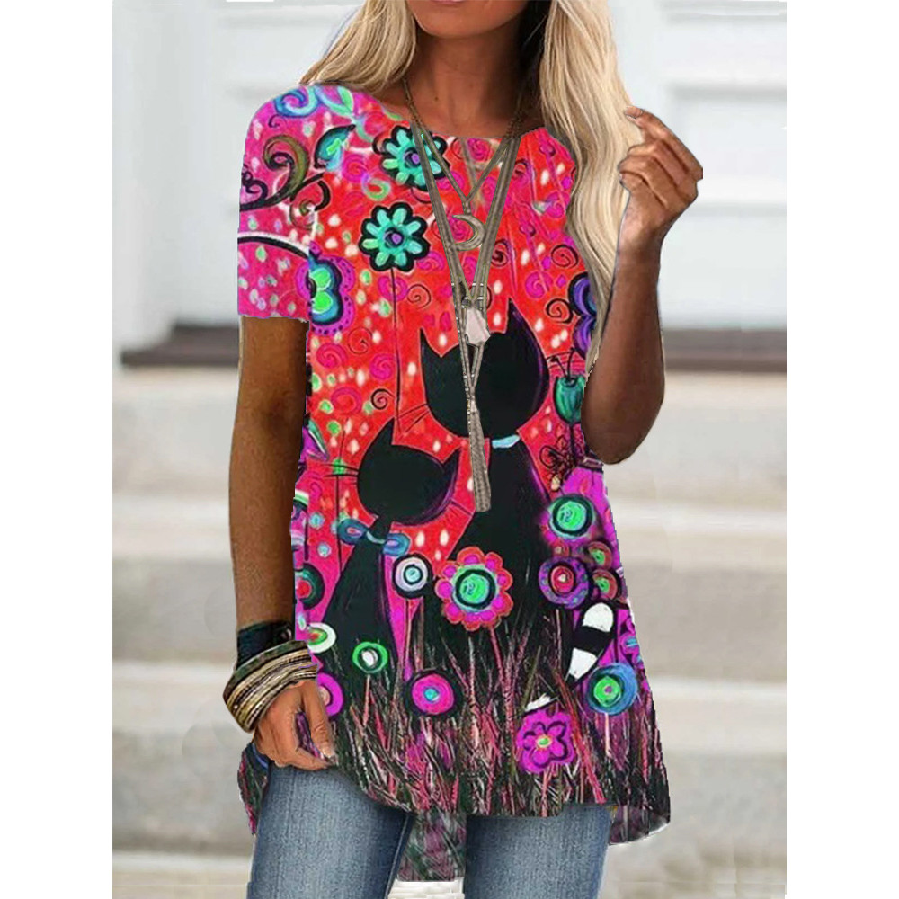 Floral Cat Art A Line T Shirt