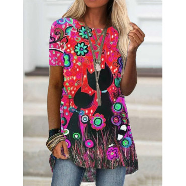 Floral Cat Art A Line T Shirt