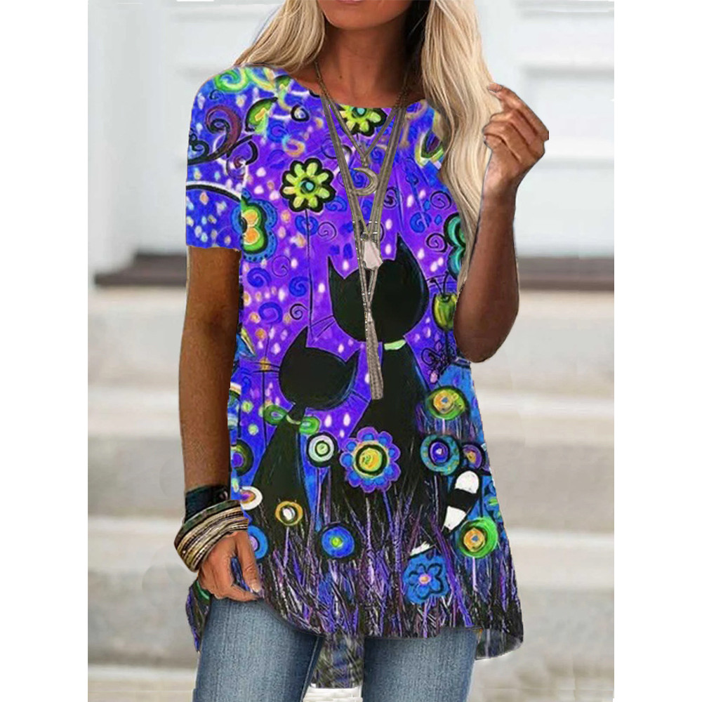 Floral Cat Art A Line T Shirt