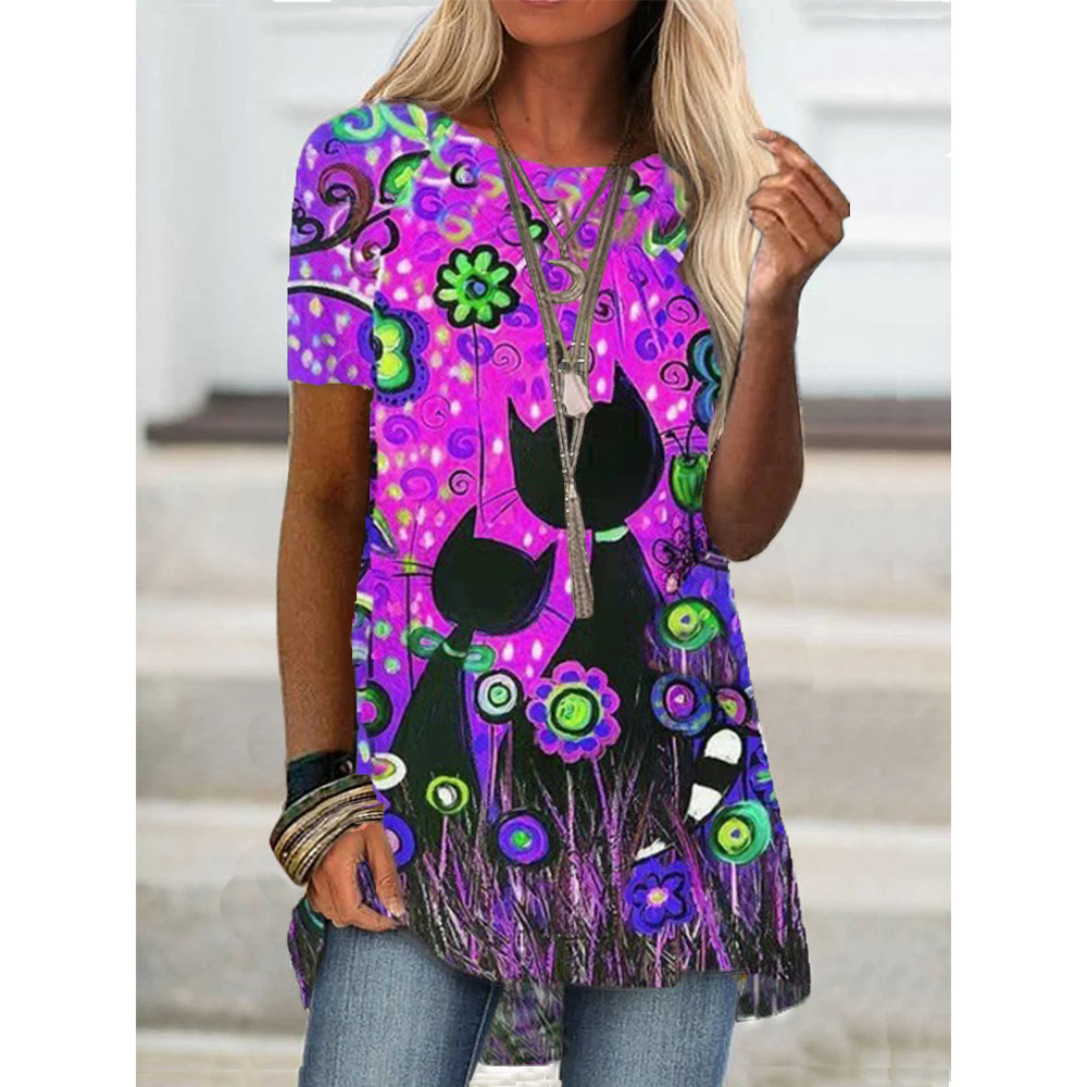 Floral Cat Art A Line T Shirt