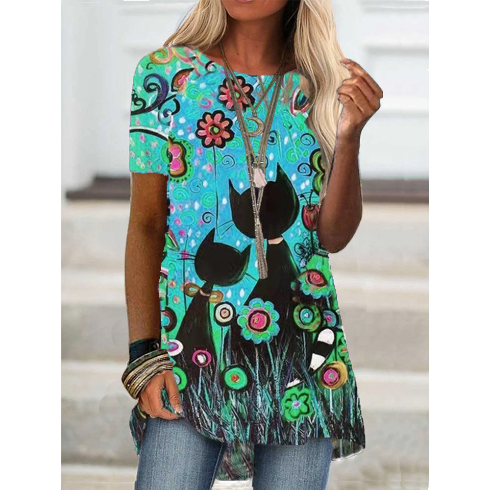 Floral Cat Art A Line T Shirt