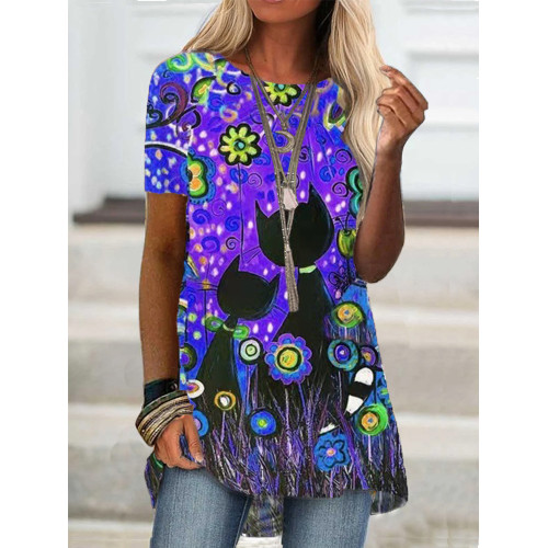 Floral Cat Art A Line T Shirt