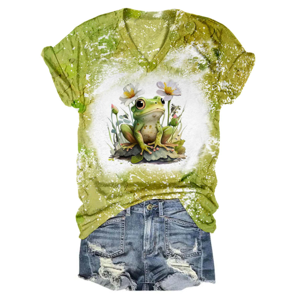 Flower Frog Summer Tie Dye V Neck T-Shirt