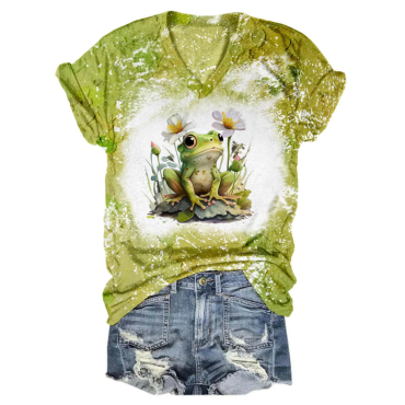Flower Frog Summer Tie Dye V Neck T-Shirt