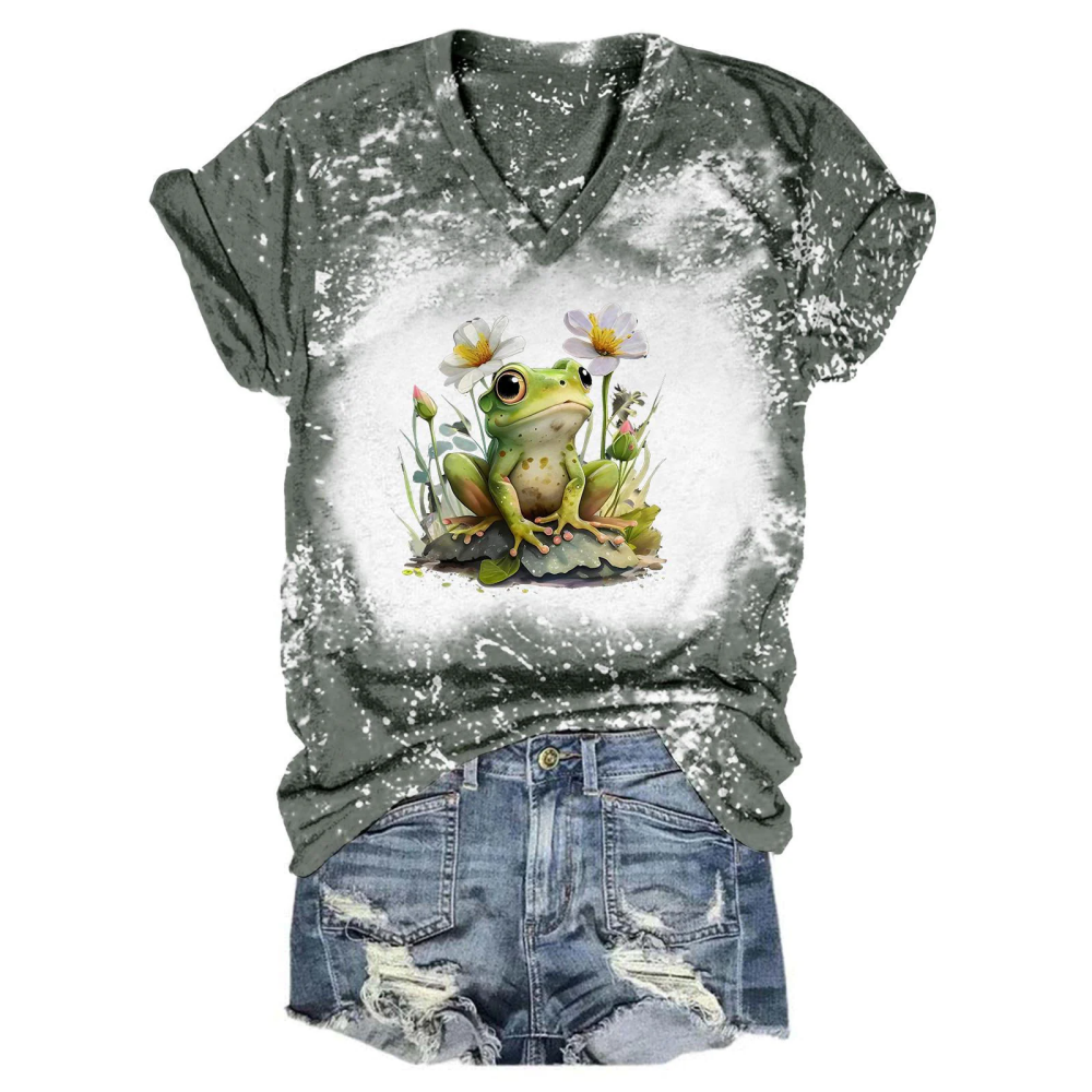 Flower Frog Summer Tie Dye V Neck T-Shirt