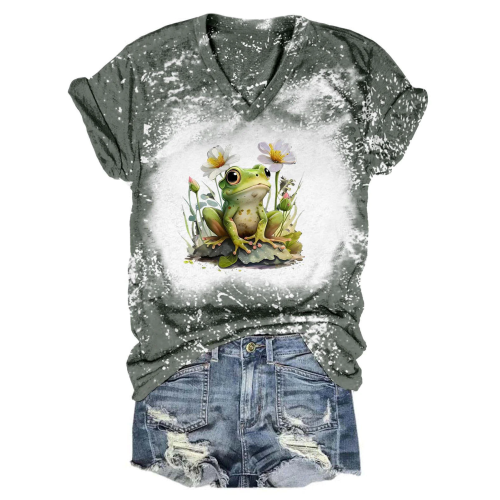 Flower Frog Summer Tie Dye V Neck T-Shirt