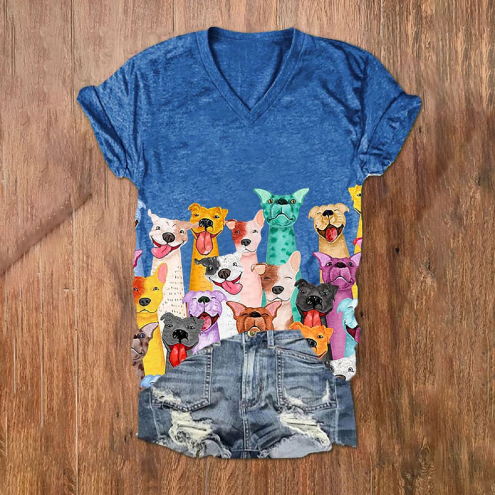 Fun Colorful Dogs Print V-Neck T-Shirt