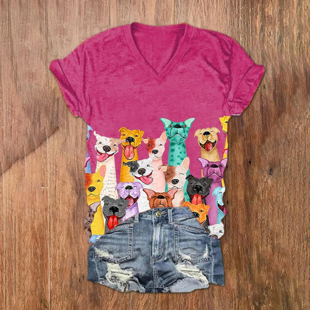 Fun Colorful Dogs Print V-Neck T-Shirt