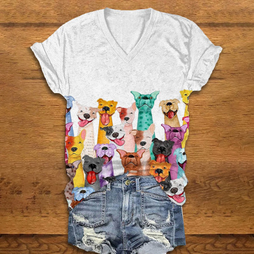 Fun Colorful Dogs Print V-Neck T-Shirt