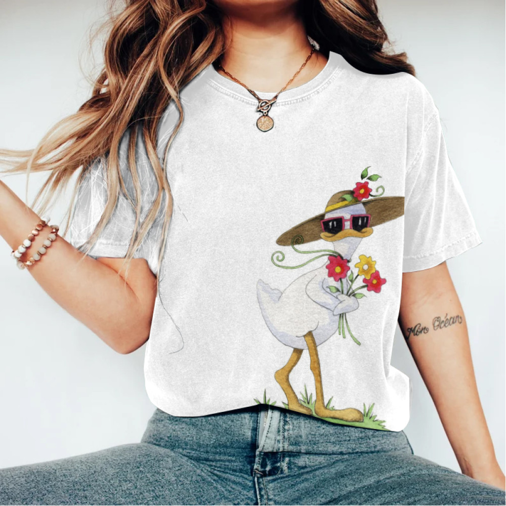Funny Floral Duck Embroidery Pattern Cozy Vintage T-Shirt
