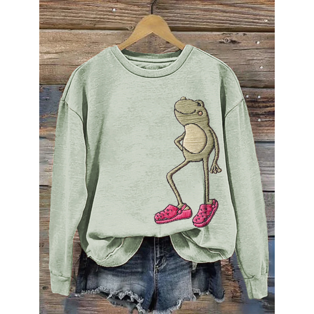 Funny Frog Embroidery Pattern Casual Cozy Sweatshirt