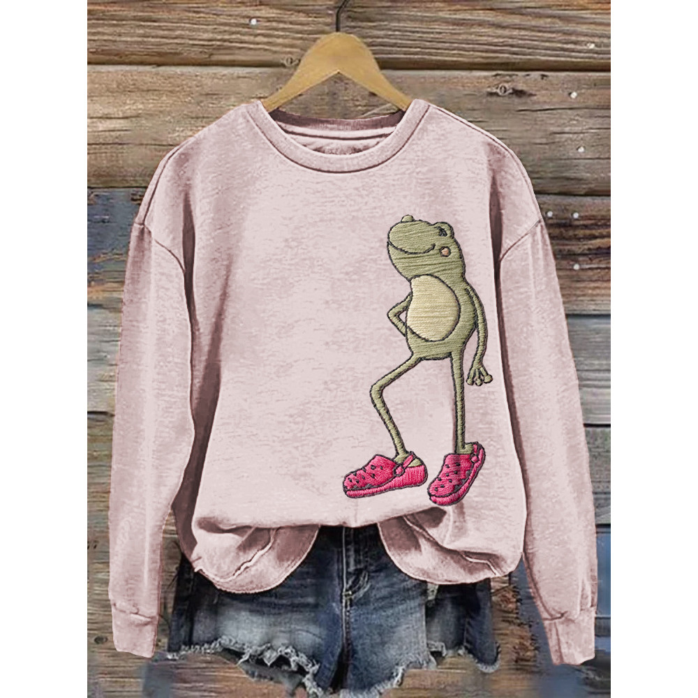 Funny Frog Embroidery Pattern Casual Cozy Sweatshirt