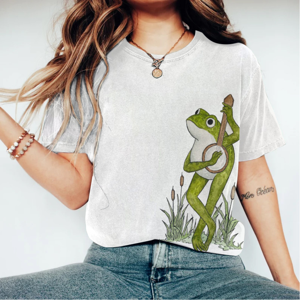 Funny Playing Guitar Frog Embroidery Pattern Cozy Vintage T-Shirt