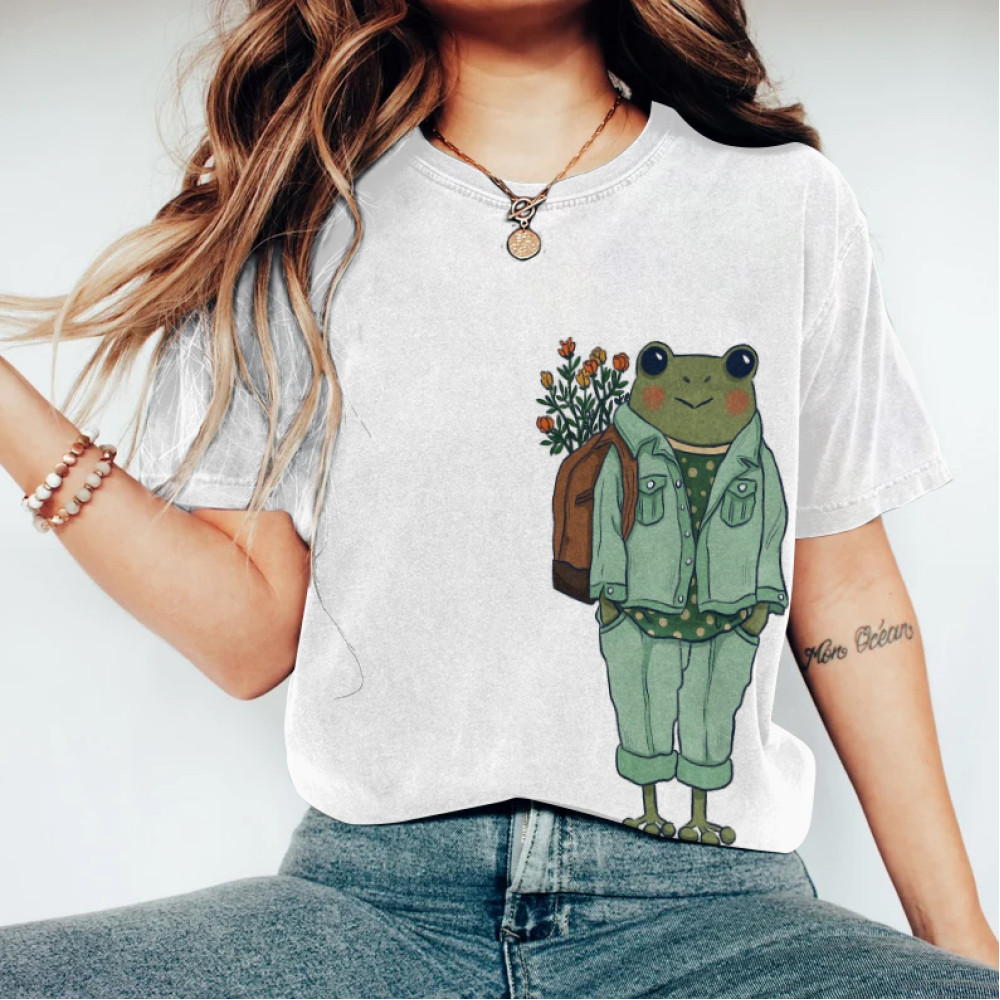 Funny Social Fear Frog Embroidery Pattern Cozy Vintage T-Shirt