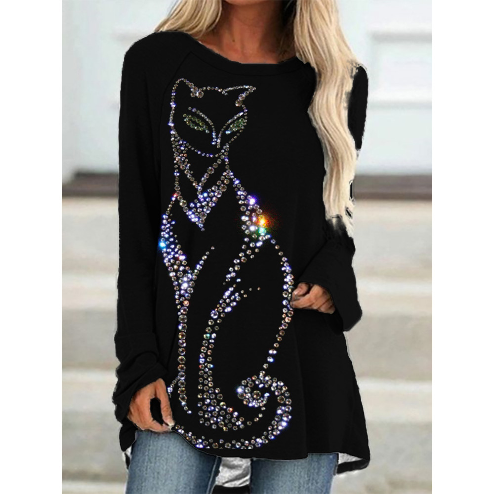 Glitter Elegant Cat Art Print A Line T Shirt