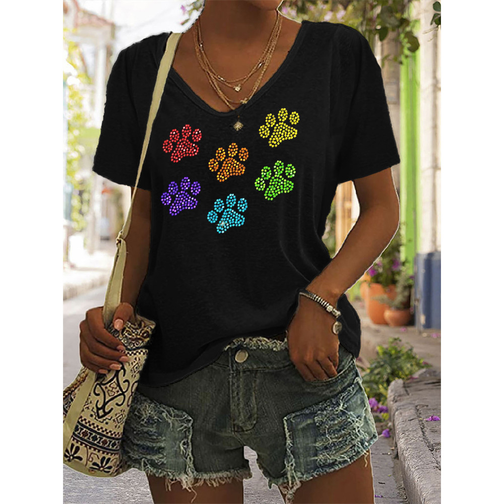 Glitter Rainbow Paw Prints V Neck T Shirt