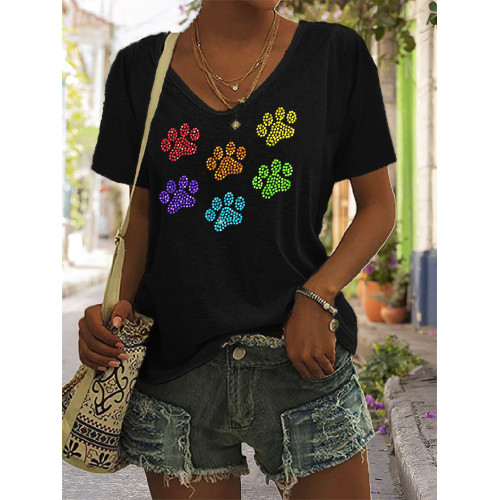 Glitter Rainbow Paw Prints V Neck T Shirt