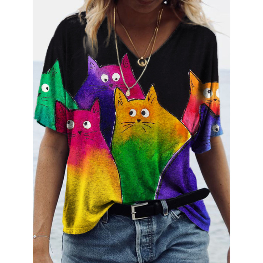 Gradient Colorful Cats V Neck T Shirt