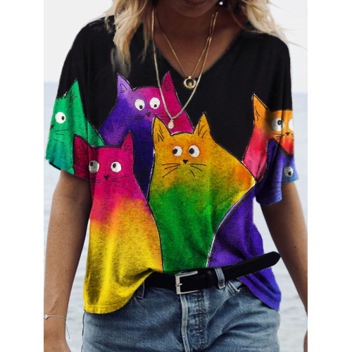 Gradient Colorful Cats V Neck T Shirt