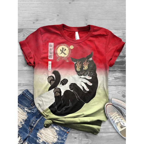 Japanese Angry Cat Demon Print Print Crew Neck Cozy Vintage T-Shirt