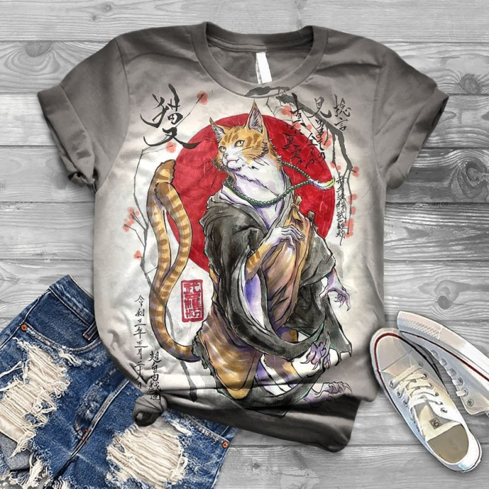 Japanese Nekomata Print Crew Neck Cozy Vintage T-Shirt