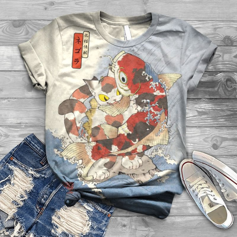 Japanese Style Nekomata Carp Fighting Print Crew Neck Cozy Vintage T-Shirt