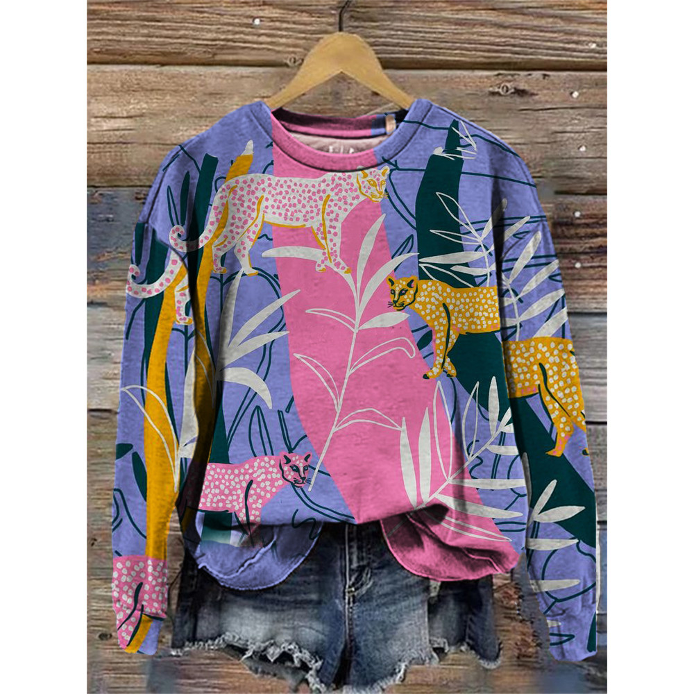 Leopard & Leaves Colorblock Art Washed Sweatshirt