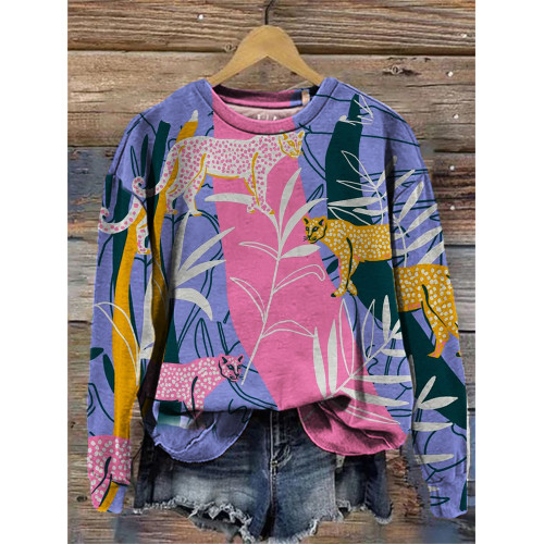 Leopard & Leaves Colorblock Art Washed Sweatshirt