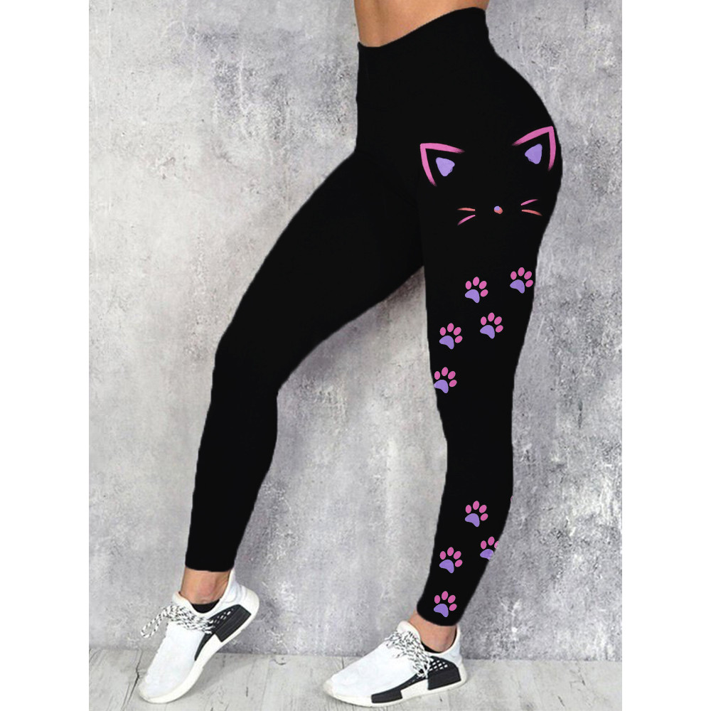 Lovely Cat Face And Paws Print Casual Leggings