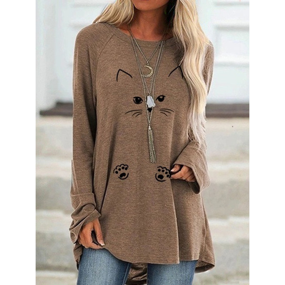 Lovely Cat Face Printed Long-Sleeve Tee Dress