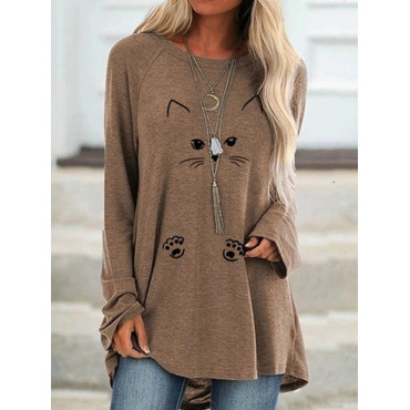 Lovely Cat Face Printed Long-Sleeve Tee Dress