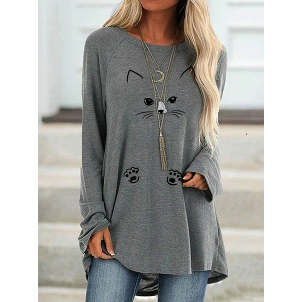 Lovely Cat Face Printed Long-Sleeve Tee Dress