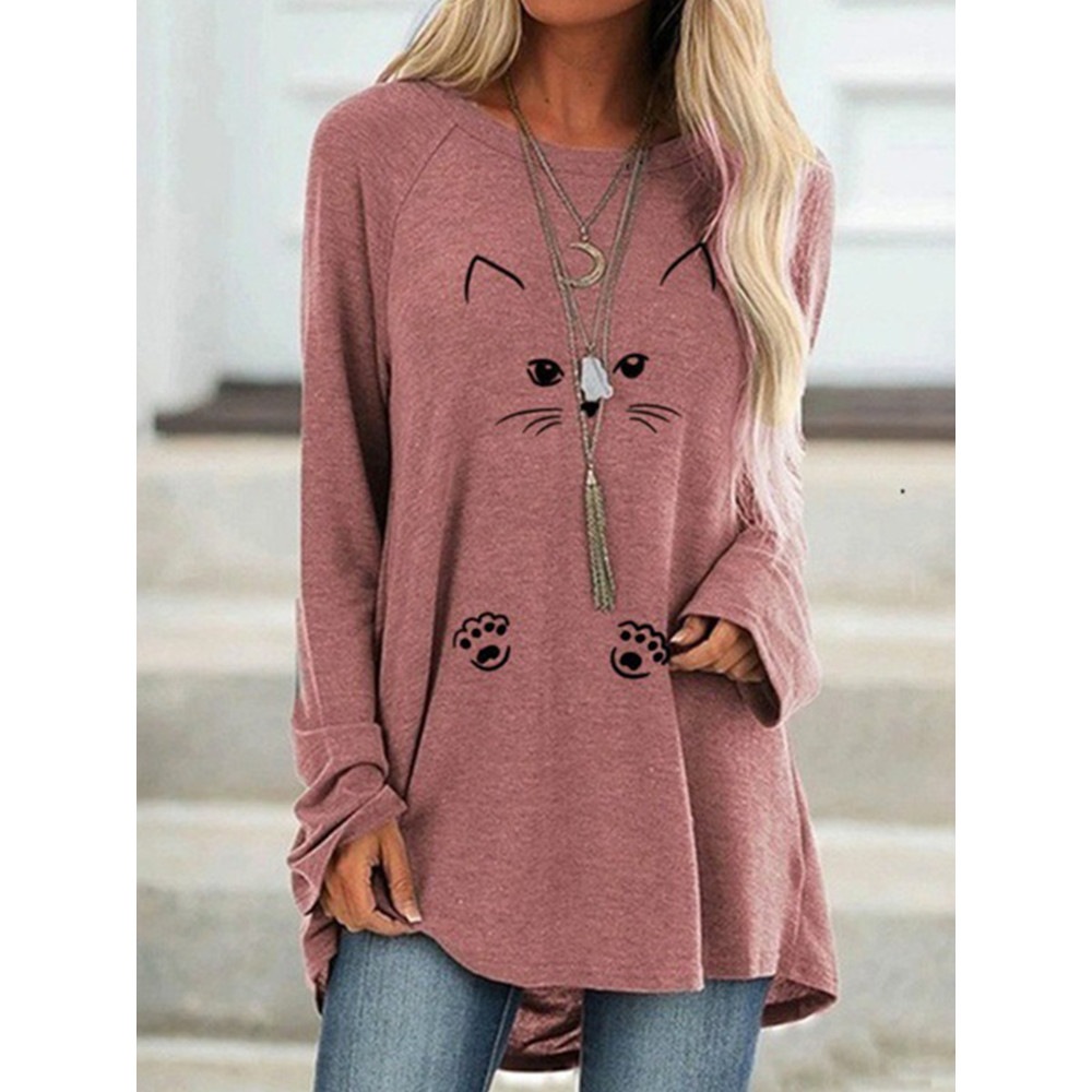 Lovely Cat Face Printed Long-Sleeve Tee Dress