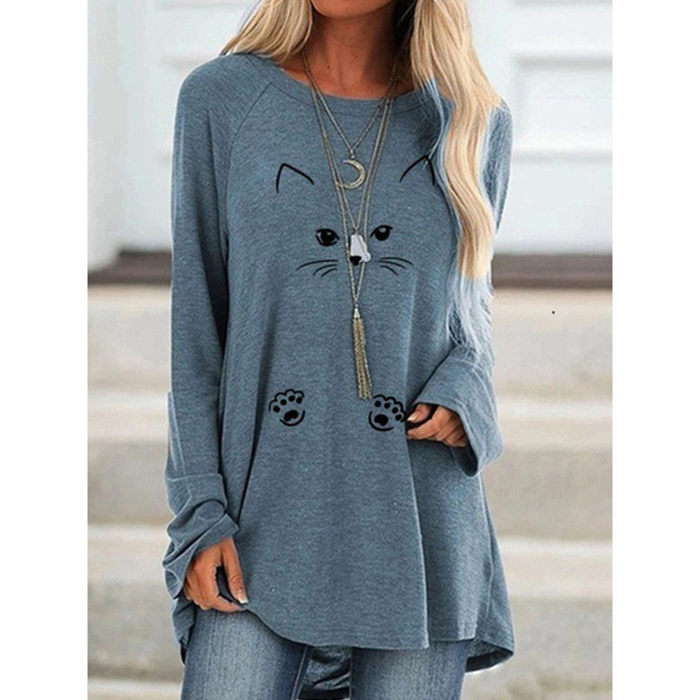 Lovely Cat Face Printed Long-Sleeve Tee Dress