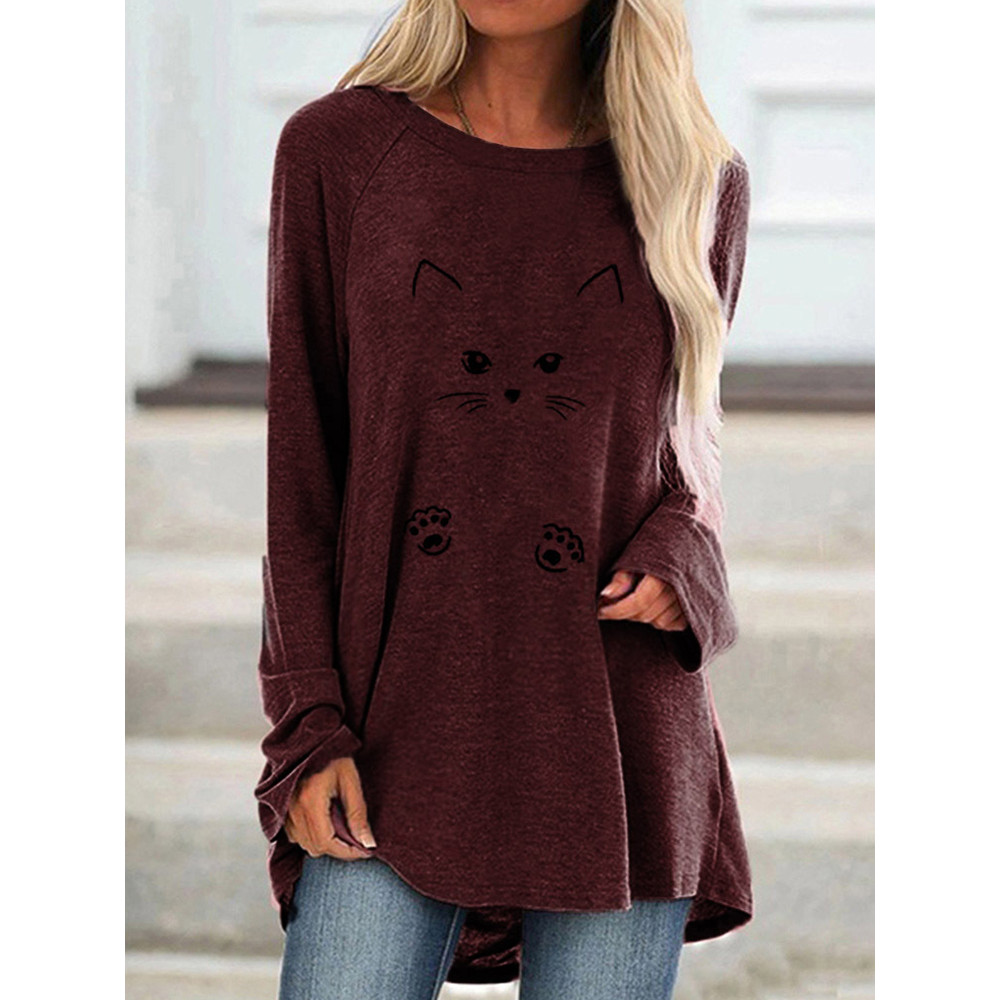 Lovely Cat Face Printed Long-Sleeve Tee Dress