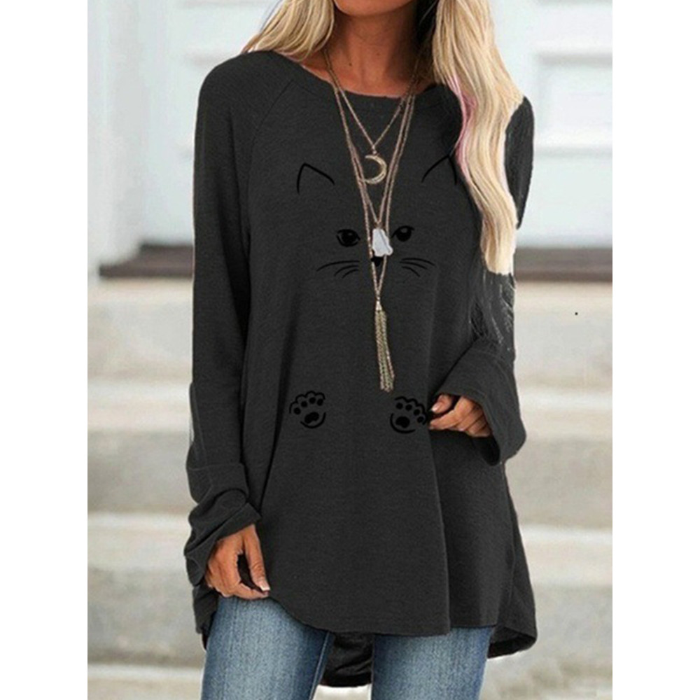 Lovely Cat Face Printed Long-Sleeve Tee Dress