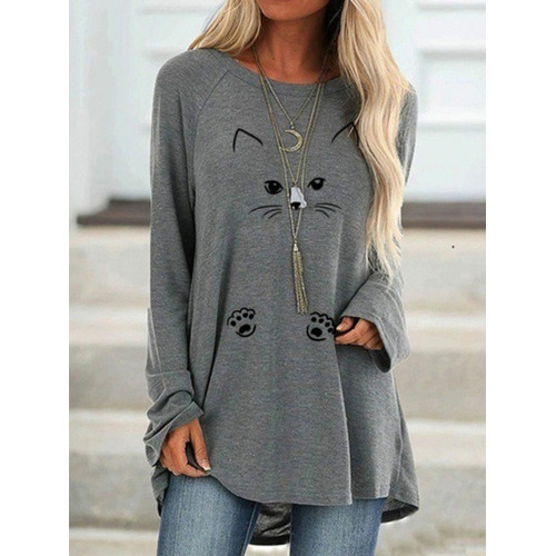 Lovely Cat Face Printed Long-Sleeve Tee Dress