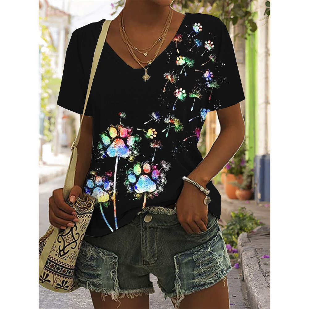 Lovely Colorful Dog Paws Dandelion V Neck T Shirt