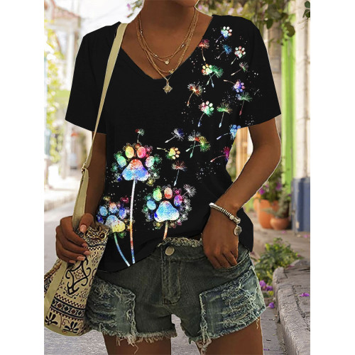 Lovely Colorful Dog Paws Dandelion V Neck T Shirt