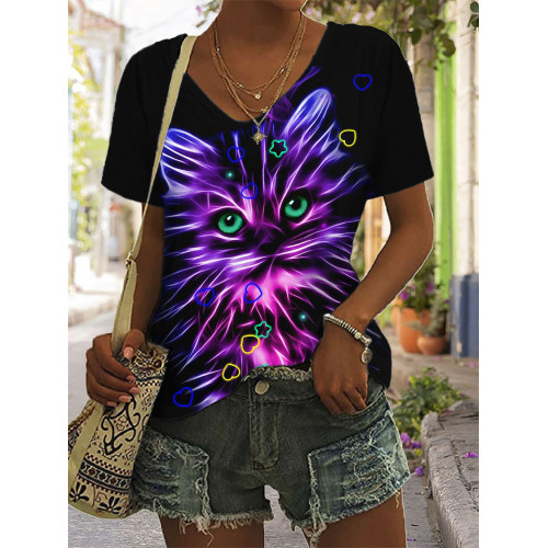 Lovely Neon Cat Art V Neck T Shirt