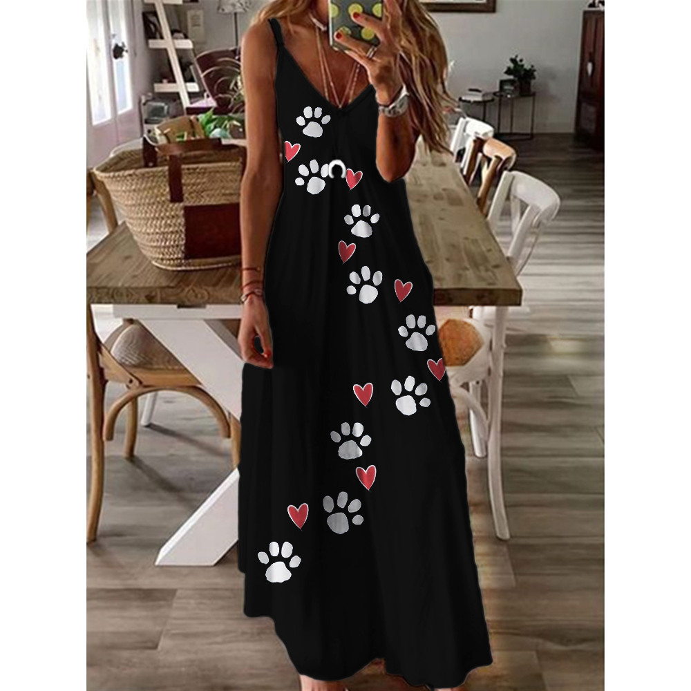Lovely Paw Prints & Hearts V Neck Cami Maxi Dress