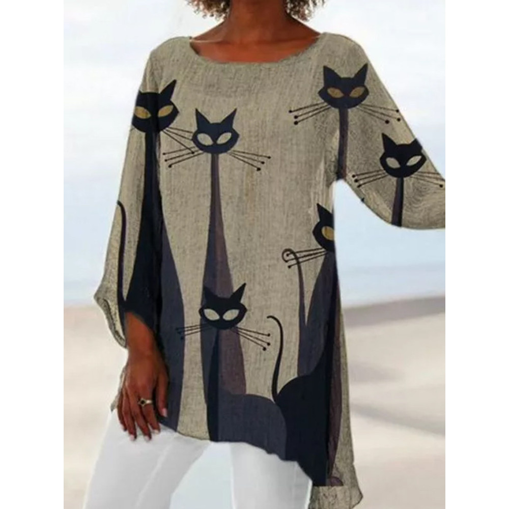 Lucky Black Cat Printed Long-Sleeve Tunic