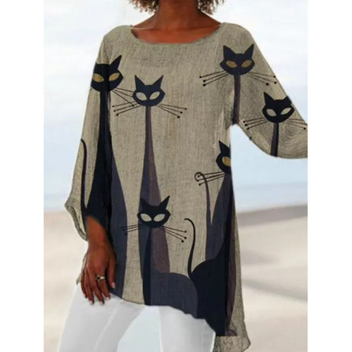 Lucky Black Cat Printed Long-Sleeve Tunic