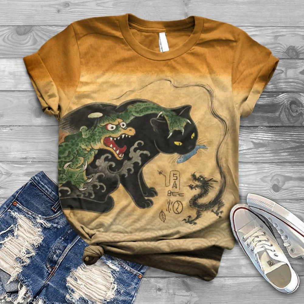 Retro Japanese Cat Demon Kappa Print Crew Neck Cozy Vintage T-Shirt