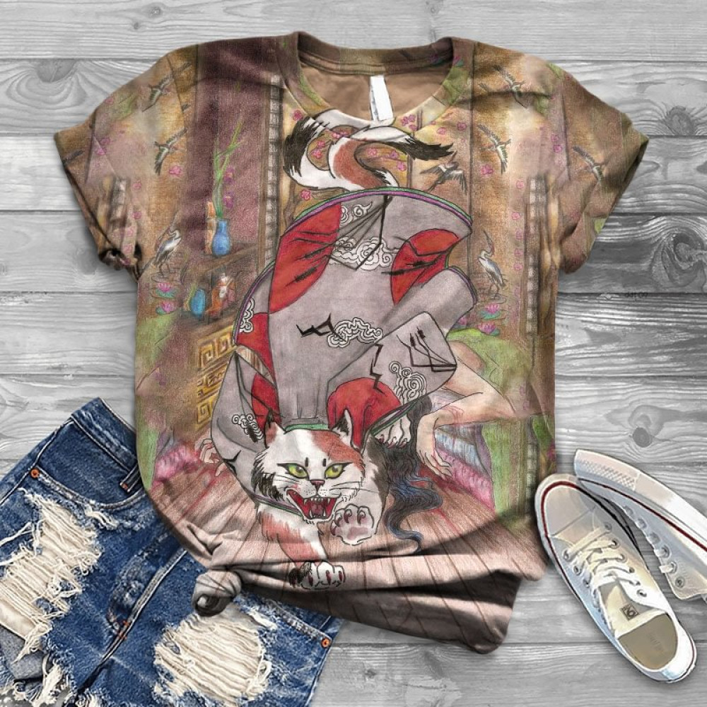 Retro Retro Japanese Nekomata Print Crew Neck Cozy Vintage T-Shirt